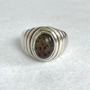 Solid Sterling Silver 925 Unisex Oval Dendritic Fern Agate Wide Band Ring Sz 8.5